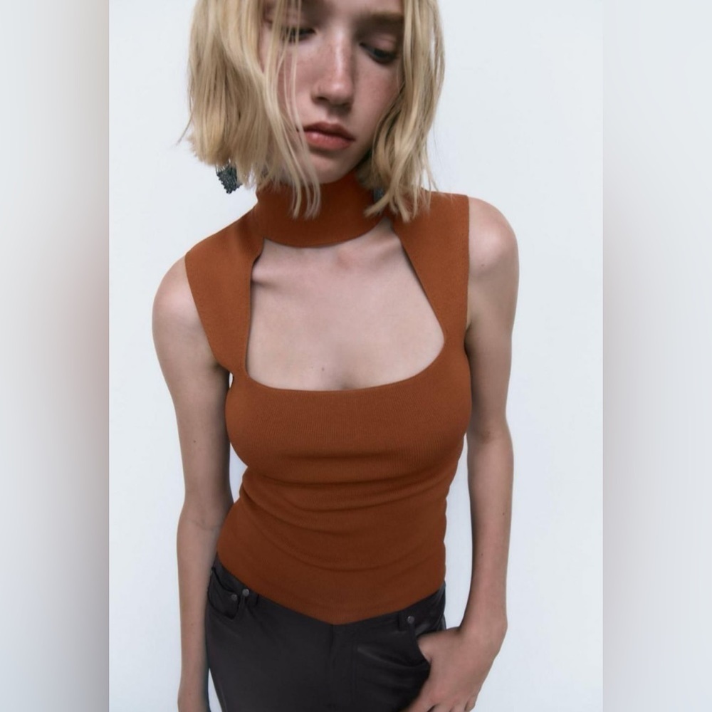 NEW ZARA Burnt Dark Orange Cut Out Choker Turtleneck Top Stretch Blouse